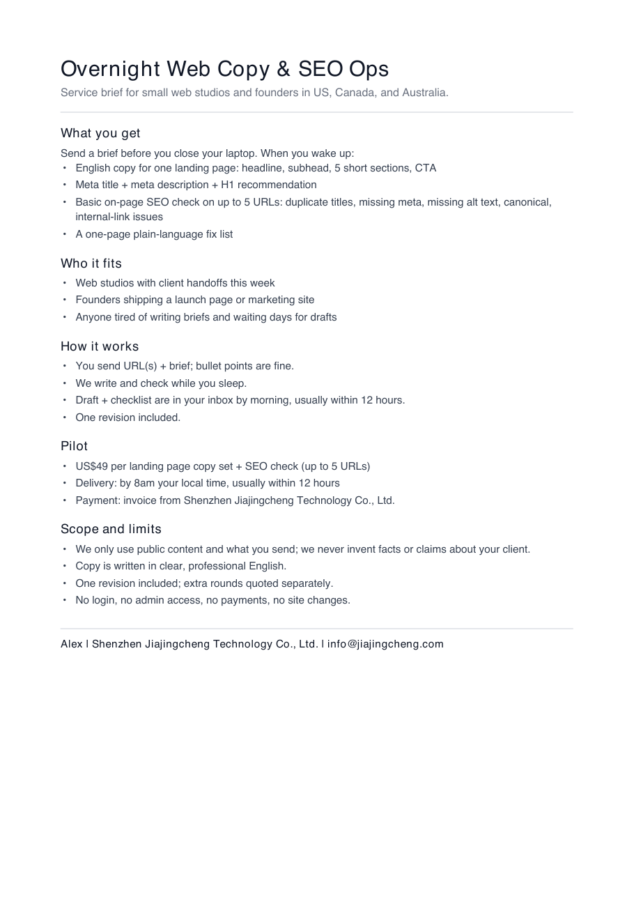 One-page service brief showing pilot scope and delivery